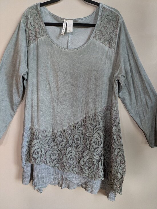 Forgotten Grace Tops - Forgotten Grace Blue Long Sleeve Top with Embroidered Lace Size XXL #254